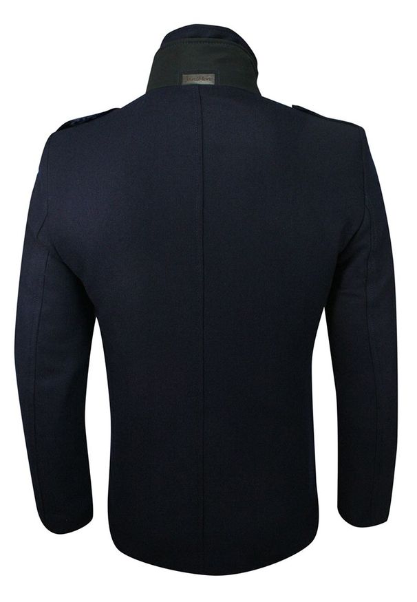 Kurtka Granatowa Elegancka, Wełniana, z Odpinanym Kołnierzem, Jesienno-Zimowa -JaniMen. Kolor: niebieski. Materiał: wełna. Sezon: jesień, zima. Styl: elegancki