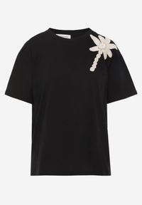Born2be - Czarny Bawełniany T-shirt z Ozdobną Aplikacją z Perełek i Cyrkonii Haidea. Okazja: na co dzień. Kolor: czarny. Materiał: bawełna. Wzór: aplikacja. Styl: elegancki, casual #5