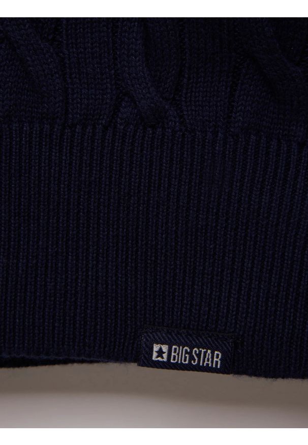 Big-Star - Sweter męski ze splotem warkoczowym granatowy Amaris 403. Kolor: niebieski. Materiał: bawełna, jeans, materiał, dzianina. Wzór: ze splotem. Styl: klasyczny, elegancki