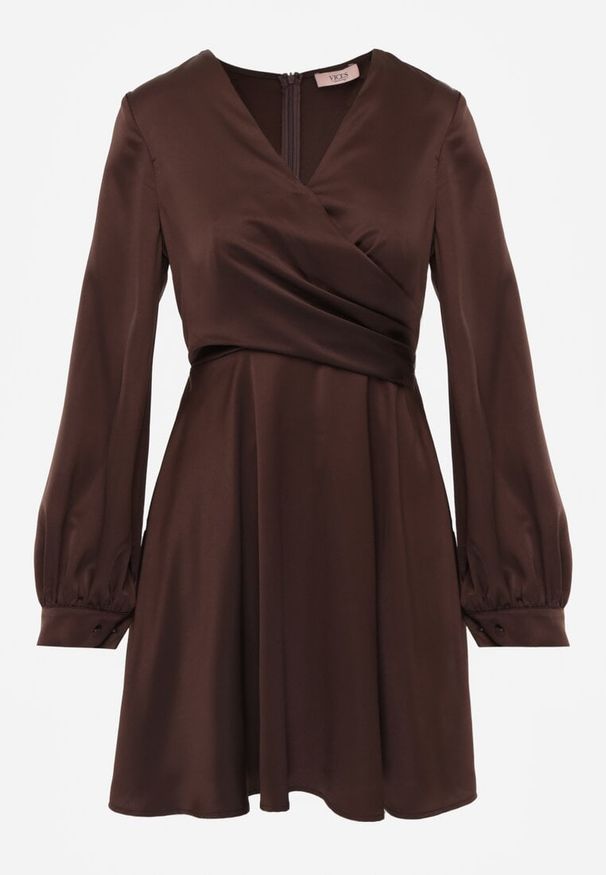 Renee - Brązowa Bawełniana Sukienka VICES z Satyny z Kopertowym Dekoltem Cunelia. Okazja: na randkę. Typ kołnierza: dekolt kopertowy. Kolor: brązowy. Materiał: bawełna, satyna. Typ sukienki: kopertowe. Styl: elegancki