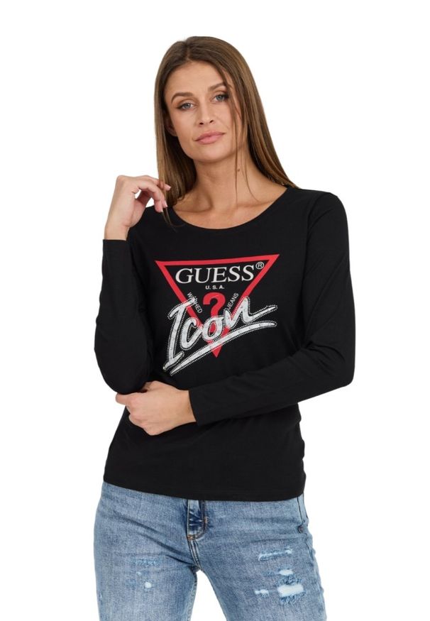 Guess - GUESS Czarny damski longsleeve Icon Tee z dużym logo. Kolor: czarny. Materiał: bawełna. Długość rękawa: długi rękaw. Wzór: aplikacja. Styl: klasyczny