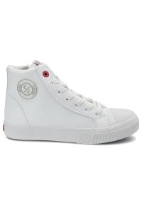 Białe Sneakersy Damskie Cross Jeans Modne Obuwie. Okazja: na co dzień. Wysokość cholewki: przed kolano. Zapięcie: sznurówki. Kolor: biały. Materiał: guma, materiał. Szerokość cholewki: normalna. Wzór: gładki #4