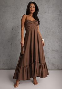 Renee - Brązowa Rozkloszowana Sukienka z Bawełny z Wiązanymi Ramiączkami Milistia. Okazja: na co dzień. Typ kołnierza: dekolt gorset. Kolor: brązowy. Materiał: bawełna. Długość rękawa: na ramiączkach. Typ sukienki: gorsetowe. Styl: casual, elegancki #1