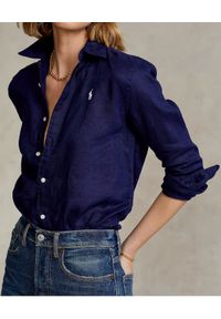 Ralph Lauren - RALPH LAUREN - Damska koszula z lnu. Typ kołnierza: polo. Kolor: niebieski. Materiał: len. Długość rękawa: długi rękaw. Długość: długie. Wzór: aplikacja #3