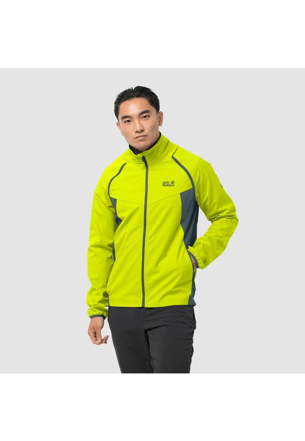 Kurtka Jack Wolfskin tandem softshell. Kolor: wielokolorowy, niebieski, żółty. Materiał: syntetyk. Sport: turystyka piesza, kolarstwo