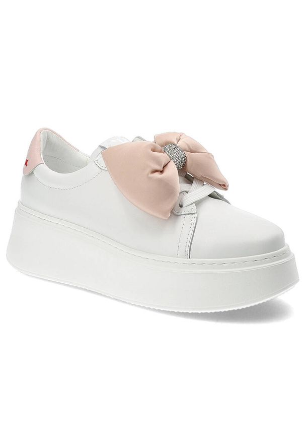 CheBello - Białe Sneakersy Chebello Wygodne Obuwie Damskie Z Kokardą. Kolor: biały. Materiał: nubuk