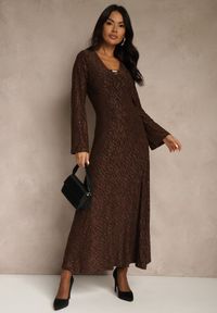 Renee - Brązowa Rozkloszowana Sukienka Longsleeve w Zebrę Zdobiona Brokatem Mevilisa. Kolor: brązowy. Długość rękawa: długi rękaw. Wzór: motyw zwierzęcy, aplikacja. Styl: klasyczny #5