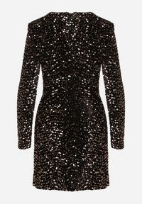 Born2be - Złoto-Czarna Cekinowa Koktajlowa Sukienka z Usztywnianymi Ramionami Bonida. Kolor: złoty. Długość rękawa: długi rękaw. Wzór: aplikacja. Styl: wizytowy #5