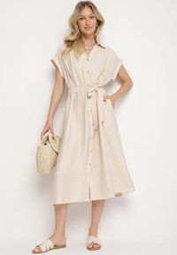 Born2be - Beżowa Wiskozowa Sukienka Koszulowa z Paskiem Rinaruna. Okazja: na co dzień. Kolor: beżowy. Materiał: wiskoza. Typ sukienki: koszulowe. Styl: casual, elegancki #3