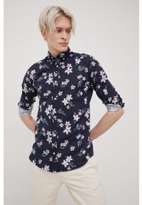 Premium by Jack&Jones koszula z domieszką lnu męska kolor granatowy slim z kołnierzykiem button-down. Typ kołnierza: button down. Kolor: niebieski. Materiał: len