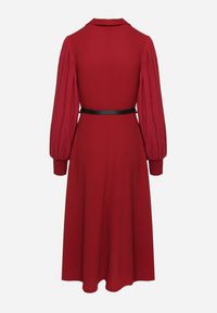 Born2be - Bordowa Rozkloszowana Sukienka Kopertowa z Bufiastymi Rękawami i Paskiem Naliris. Okazja: na co dzień. Typ kołnierza: dekolt w kształcie V. Kolor: czerwony. Materiał: skóra. Typ sukienki: kopertowe. Styl: casual #3