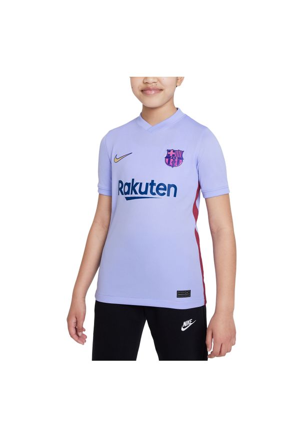 Koszulka piłkarska dla dzieci Nike FC Barcelona 2021/22 Stadium AW CV8221. Materiał: materiał, poliester. Technologia: Dri-Fit (Nike). Sport: piłka nożna