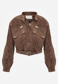 Born2be - Brązowa Kurtka z Imitacji Zamszu w Stylu Utility z Suwakami i Paskiem Birasa. Okazja: na co dzień. Kolor: brązowy. Materiał: zamsz. Wzór: gładki. Styl: casual, elegancki, rockowy #3