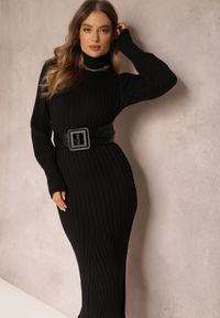 Renee - Czarna Sukienka Dzianinowa z Golfem i Szerokim Paskiem Tehy. Okazja: na co dzień. Typ kołnierza: golf. Kolor: czarny. Materiał: dzianina. Długość rękawa: długi rękaw. Typ sukienki: dopasowane. Styl: casual, elegancki #5