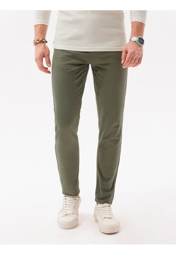 Ombre Clothing - Spodnie męskie chinosy SLIM FIT P1059 - oliwkowe - XXL. Okazja: na co dzień. Kolor: oliwkowy. Materiał: elastan, bawełna, tkanina. Styl: casual