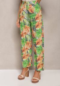 Renee - Zielono-Pomarańczowe Spodnie z Wiskozy z Szerokimi Nogawkami Ozdobione Wzorem w Egzotyczne Liście Filea. Kolor: zielony. Materiał: wiskoza. Wzór: aplikacja