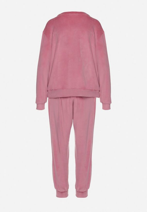 Born2be - Różowy Welurowy Komplet Dresowy Bluza z Trójkątnym Dekoltem i Spodnie z Kieszeniami Onchia. Kolor: różowy. Materiał: welur, dresówka