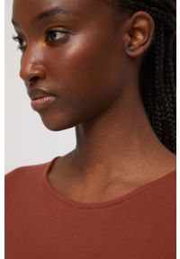 medicine - Medicine sukienka kolor brązowy mini dopasowana. Kolor: brązowy. Materiał: dzianina. Długość rękawa: krótki rękaw. Wzór: gładki. Typ sukienki: asymetryczne, dopasowane. Długość: mini #6