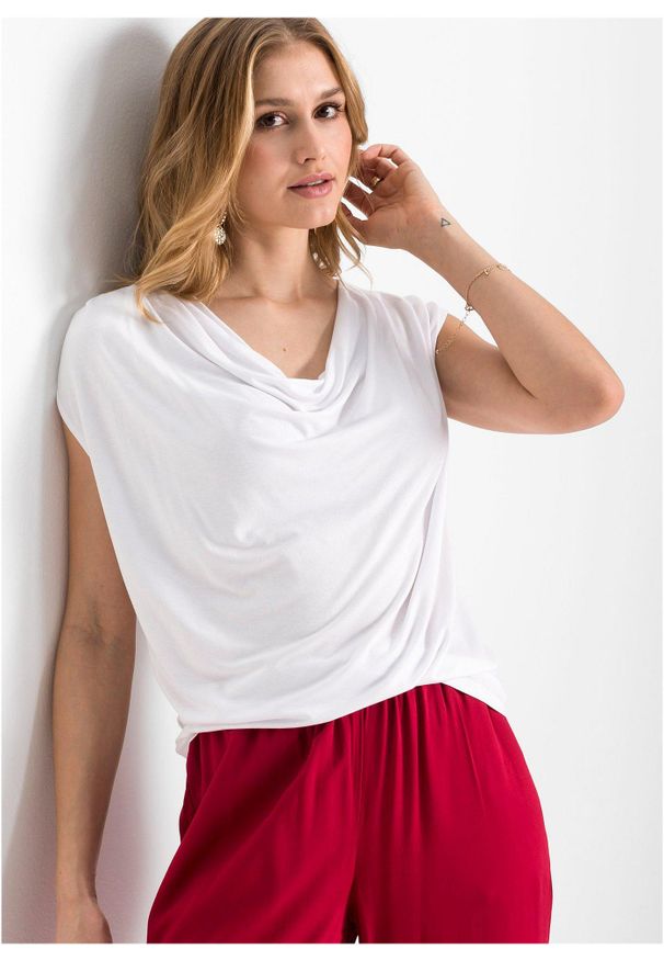 bonprix - Bluzka kaskadowa z mieszanki wiskozy. Typ kołnierza: dekolt woda. Kolor: biały. Materiał: wiskoza