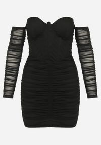 Born2be - Czarna Dopasowana Sukienka Mini z Marszczeniem Iobe. Typ kołnierza: dekolt gorset, dekolt hiszpanka. Kolor: czarny. Materiał: tkanina. Typ sukienki: gorsetowe. Długość: mini #3
