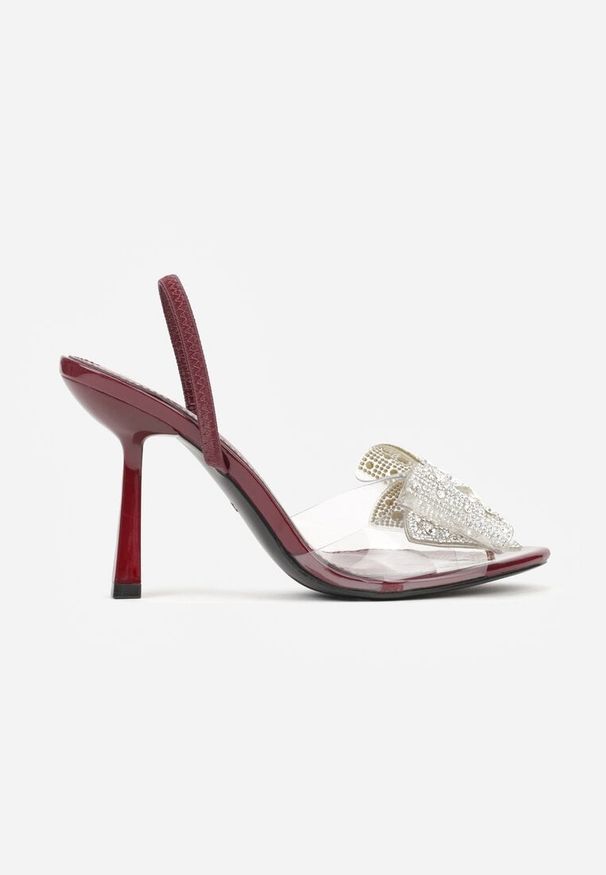 Renee - Bordowe Transparentne Sandały na Klepsydrowej Szpilce z Kokardą i Cyrkoniami Feralia. Okazja: na imprezę. Kolor: czerwony. Materiał: jeans. Sezon: wiosna. Styl: elegancki
