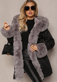 Renee - Czarno-Szara Kurtka Parka z Paskiem w Talii i Kapturem z Futerkiem Hizontia. Okazja: na spacer. Typ kołnierza: golf. Kolor: czarny. Materiał: futro #4