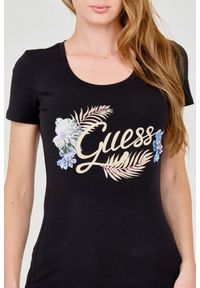 Guess - GUESS Damski czarny t-shirt ze zdobionym logo. Kolor: czarny. Wzór: aplikacja #5