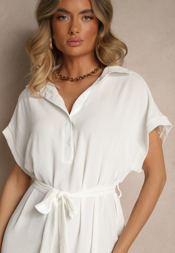 Renee - Biała Pudełkowa Sukienka z Bawełną i Paskiem Savorienne. Okazja: na co dzień. Kolor: biały. Materiał: bawełna. Styl: elegancki, casual