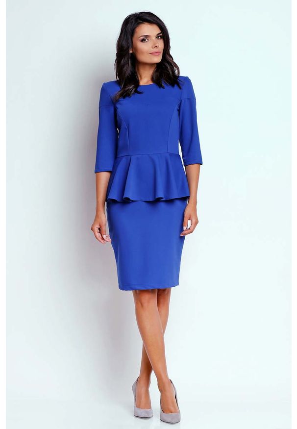 Nommo - Kobaltowa Wizytowa Sukienka Mini z Baskinką. Kolor: niebieski. Materiał: poliester, wiskoza. Typ sukienki: baskinki. Styl: wizytowy. Długość: mini