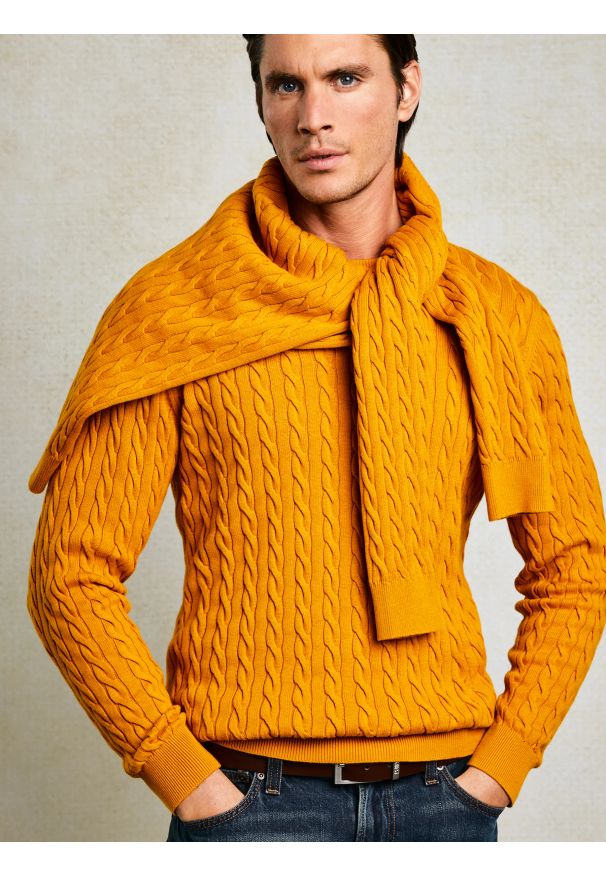 Big-Star - Sweter męski ze splotem warkoczowym żołty Amaris 201. Okazja: na co dzień. Kolor: żółty. Materiał: dzianina, jeans. Wzór: ze splotem. Styl: casual, klasyczny