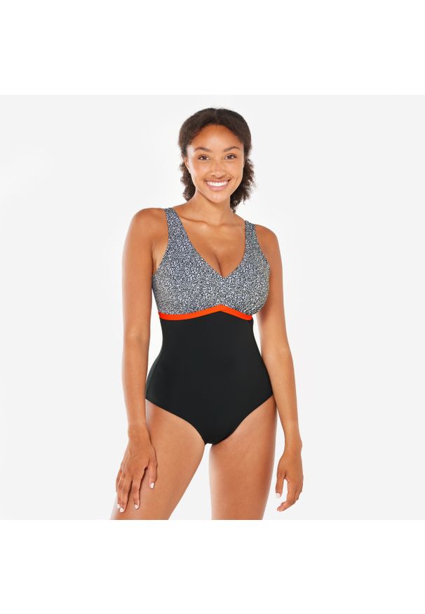 NABAIJI - Strój jednoczęściowy do aquafitness damski Nabaiji 100 Rosy. Kolor: wielokolorowy, czerwony, pomarańczowy, czarny. Materiał: materiał