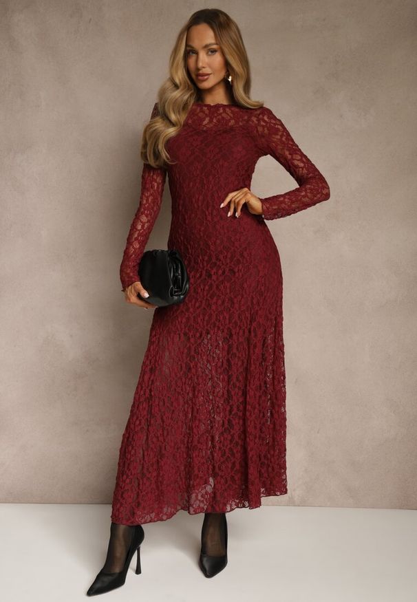 Renee - Bordowa Elegancka Sukienka z Koronki z Odkrytymi Plecami Lilafera. Okazja: na co dzień. Typ kołnierza: dekolt na plecach. Kolor: czerwony. Materiał: koronka. Długość rękawa: na ramiączkach. Wzór: koronka. Styl: elegancki