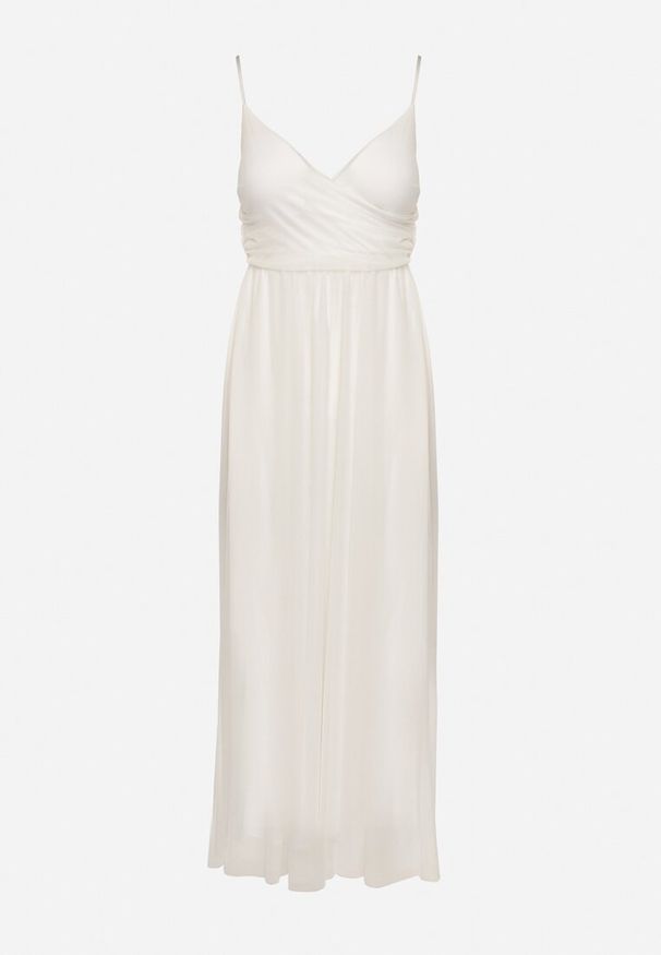 Born2be - Biała Sukienka Koktajlowa z Tiulową Siateczką Devinae. Okazja: na co dzień, na imprezę. Typ kołnierza: dekolt w kształcie V. Kolor: biały. Materiał: tiul. Długość rękawa: na ramiączkach. Sezon: lato. Styl: wizytowy