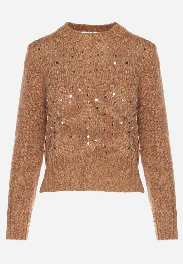 Born2be - Brązowy Sweter z Bawełną Ozdobiony Cekinami Savalenne. Okazja: na co dzień. Kolor: brązowy. Materiał: bawełna. Długość rękawa: długi rękaw. Długość: długie. Wzór: aplikacja. Styl: klasyczny, casual