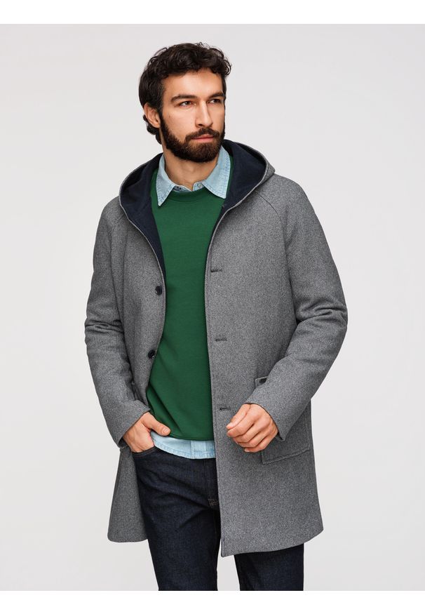 Ombre Clothing - Melanżowy męski długi płaszcz z kapturem – szary V1. Typ kołnierza: kaptur. Kolor: niebieski. Materiał: materiał, syntetyk, nylon, tkanina, poliester. Długość: długie. Wzór: melanż. Sezon: zima. Styl: elegancki