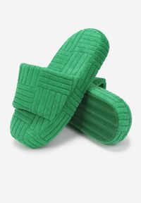 Renee - Zielone Kapcie Thalephone. Nosek buta: otwarty. Zapięcie: bez zapięcia. Kolor: zielony. Materiał: materiał. Wzór: aplikacja, geometria #4