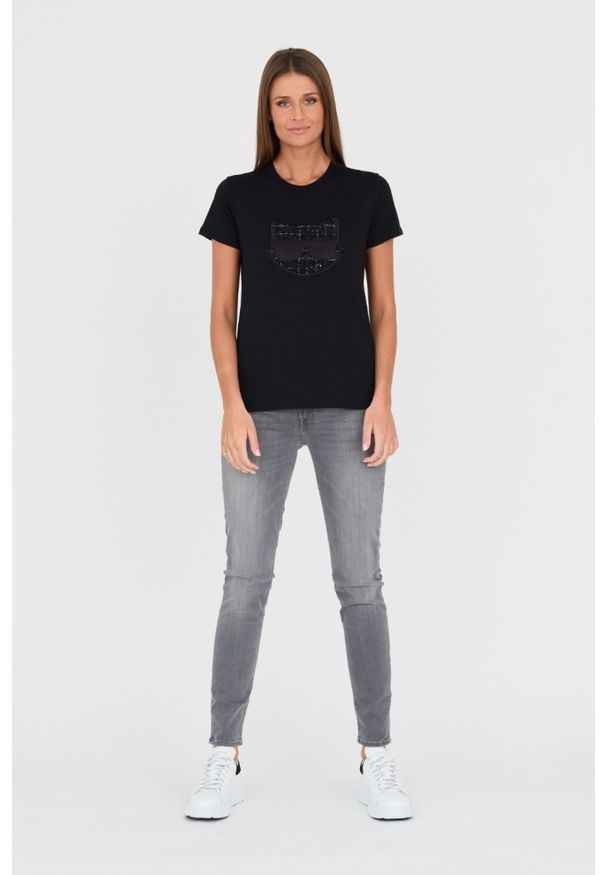 Karl Lagerfeld - KARL LAGERFELD Czarny damski t-shirt Boucle Choupette, Rozmiar S. Kolor: czarny. Materiał: bawełna