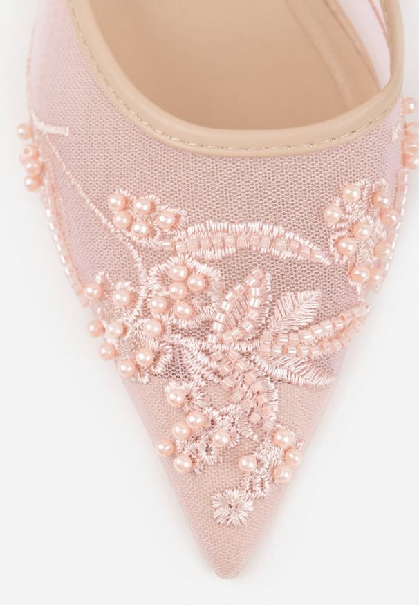 Renee - Różowe Szpilki VICES Slingback z Noskami w Szpic Ozdobionymi Haftem i Koralikami Laraidina. Zapięcie: pasek. Kolor: różowy. Materiał: satyna. Wzór: aplikacja, haft. Obcas: na szpilce