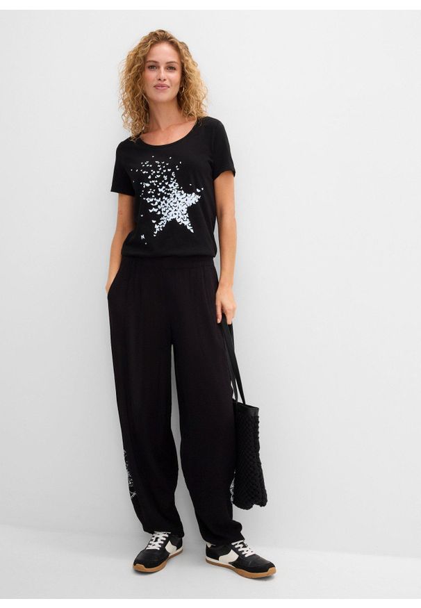 bonprix - Shirt z przędzy mieszankowej, krótki rękaw. Kolor: czarny. Długość rękawa: krótki rękaw. Długość: krótkie. Wzór: nadruk