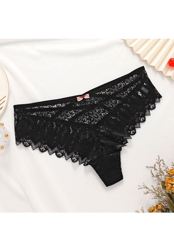 Intica - Figi koronkowe z ozdobnymi paseczkami na specjalne okazje Pansie. Kolor: czarny. Materiał: koronka. Wzór: koronka