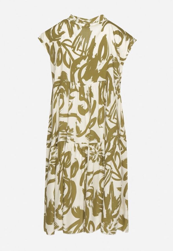 Born2be - Zielona Bawełniana Sukienka z Abstrakcyjnym Wzorem Lioraia. Okazja: na co dzień. Typ kołnierza: dekolt w kształcie V. Kolor: zielony. Materiał: bawełna. Długość rękawa: krótki rękaw. Typ sukienki: proste. Styl: elegancki, casual