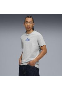 Puma - Męska koszulka z grafiką i napisem PUMA PUMA Light Gray Heather. Kolor: czarny, szary, wielokolorowy. Wzór: napisy. Sport: fitness