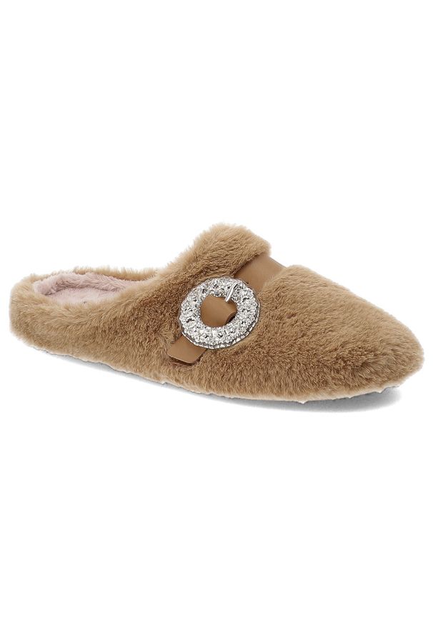 Brązowe Kapcie Macarena Wygodne Domowe Obuwie Damskie. Okazja: do domu. Zapięcie: klamry. Kolor: brązowy. Materiał: futro. Styl: elegancki