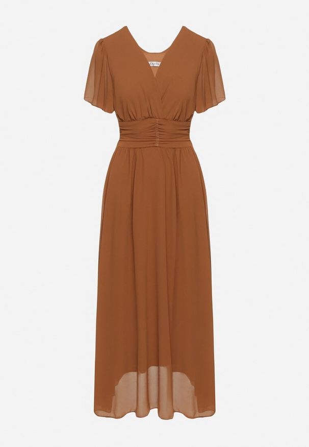 Born2be - Brązowa Kopertowa Sukienka Maxi z Gumką w Pasie Narlin. Okazja: na wesele, na studniówkę, na ślub cywilny. Typ kołnierza: dekolt w serek. Kolor: brązowy. Typ sukienki: kopertowe. Styl: klasyczny. Długość: maxi