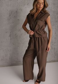 Renee - Brązowy Komplet Utility z Wiskozy Spodnie i Bluzka na Suwak ze Ściągaczem Petolira. Kolor: zielony. Materiał: wiskoza #1