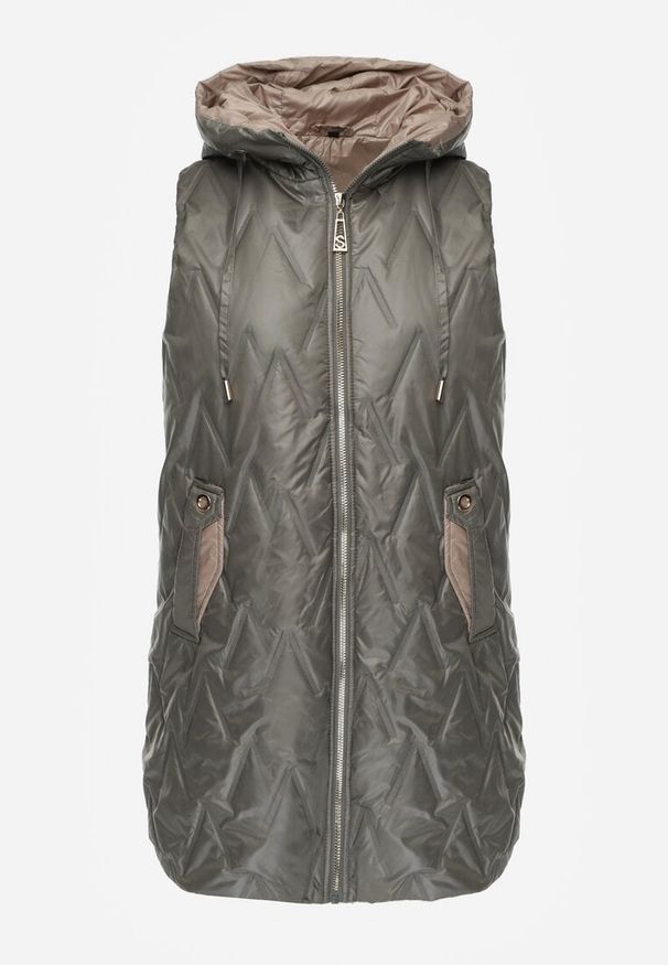 Renee - Zielona Długa Kamizelka Pikowana z Nieodpinanym Kapturem Semaea. Kolor: zielony. Materiał: prążkowany, jeans. Długość: długie. Styl: street