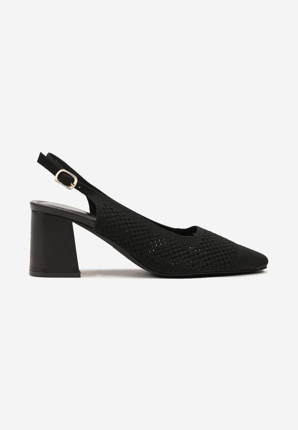 Renee - Czarne Sandały na Słupku Typu Slingback z Ażurową Cholewką Morivira. Okazja: na co dzień. Nosek buta: okrągły. Zapięcie: pasek. Kolor: czarny. Wzór: ażurowy. Materiał: jeans. Obcas: na słupku. Styl: casual, elegancki. Wysokość obcasa: średni