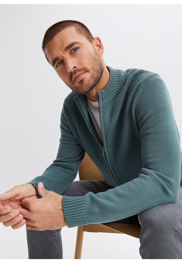 bonprix - Bawełniany kardigan z cienkiej dzianiny. Kolor: zielony. Materiał: dzianina, bawełna. Długość: długie