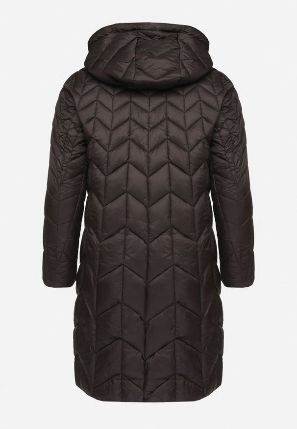 Born2be - Czarna Długa Kurtka z Ozdobnym Pikowanym Przeszyciem i Kapturem Pretini. Okazja: na co dzień. Kolekcja: plus size. Kolor: czarny. Materiał: jeans. Długość rękawa: długi rękaw. Długość: długie. Styl: elegancki, casual, klasyczny