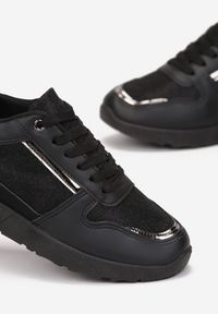 Renee - Czarne Płaskie Sneakersy Sznurowane z Brokatowymi Wstawkami Raflia. Kolor: czarny. Szerokość cholewki: normalna